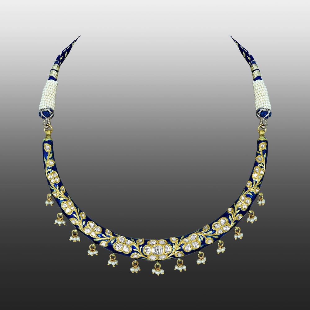 Blue Enamel Polki Hasli with Floral Design and Pearl Drops